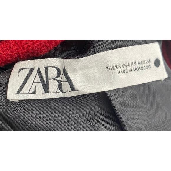 Zara Tweed Blazer Single Breasted High Collar Crest Buttons Down Red Womens XS - Picture 5 of 9